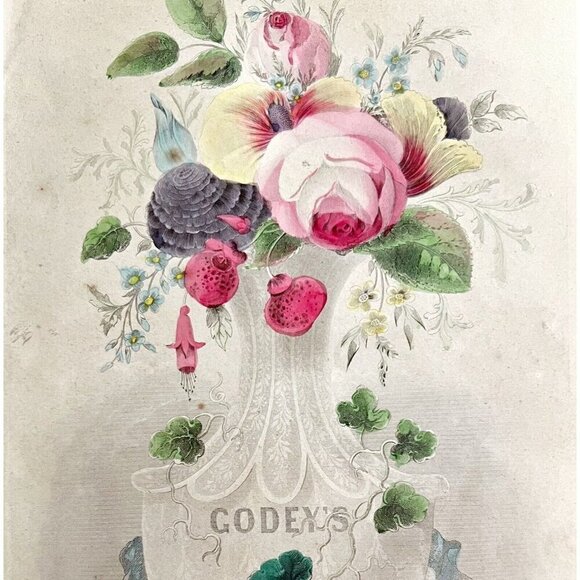 Lady Godey Hand Tinted Colored Engraving 1859 Victorian Flower Vase Art DWY5G - Picture 1 of 2